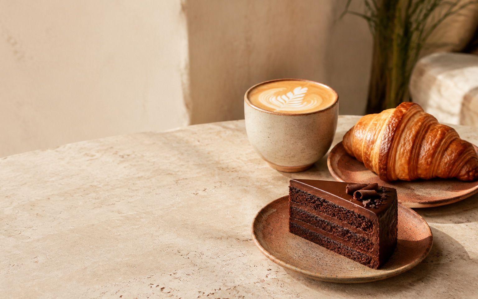Café latte, croissant y torta artesanal