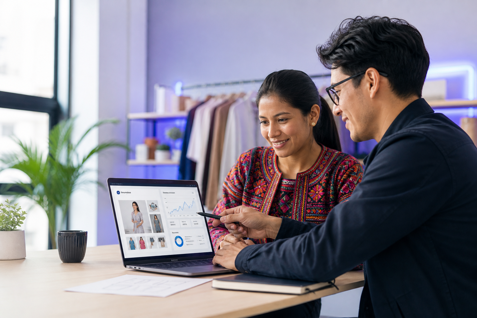 Emprendedora revisando con un diseñador una tienda web que convierte visitas en ventas